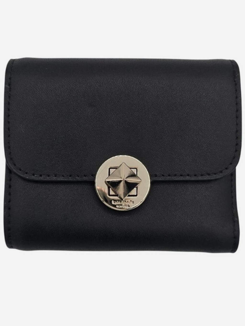 Kate Spade Black Leather Small Compact Tri-Fold Wallet With Gold Twist Lock